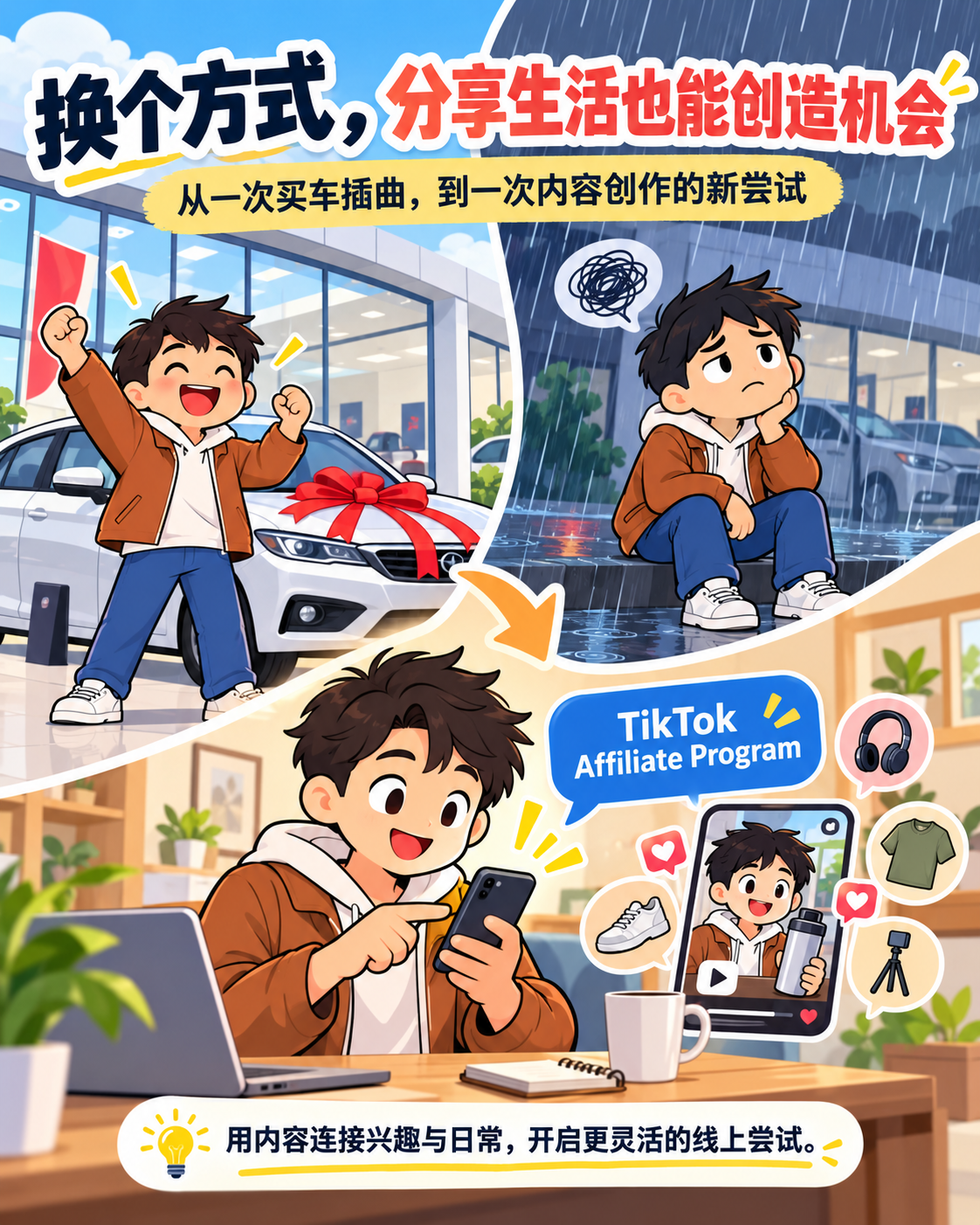 原创卡通插画：从汽车展厅的期待、遇到挫折，到通过 TikTok Affiliate Program 学习内容分享